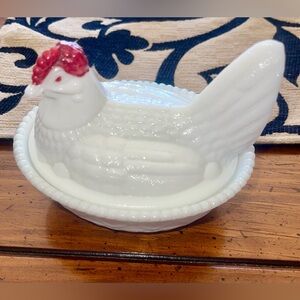 Vintage White Milk Glass Chicken Dish - Highly Collectable
